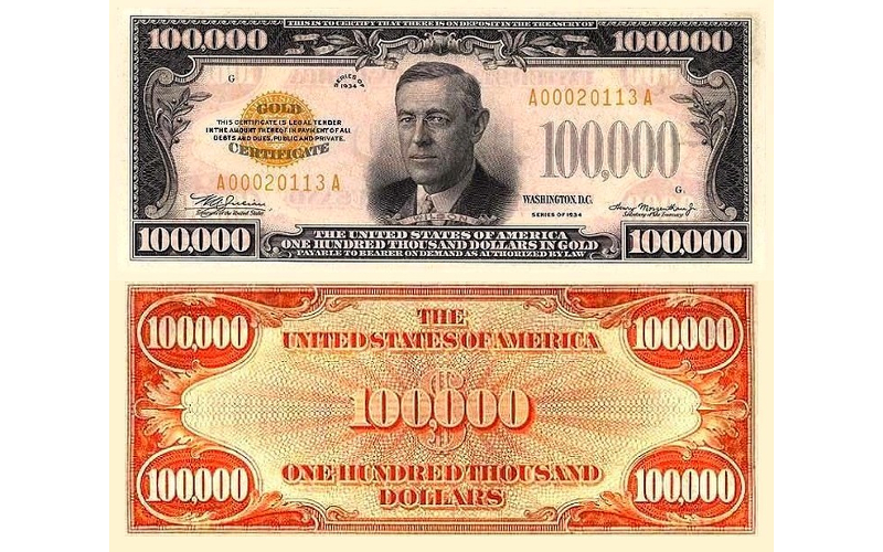Купюра в 100 тысяч долларов США. Изображение с сайта hickokfamilygenealogy.com Купюра в 100 тысяч долларов США. Изображение с сайта hickokfamilygenealogy.com