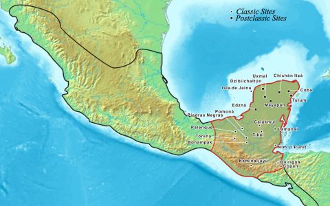 Красным выделена граница культуры майя. Изображение с сайта wikimedia.org Красным выделена граница культуры майя. Изображение с сайта wikimedia.org
